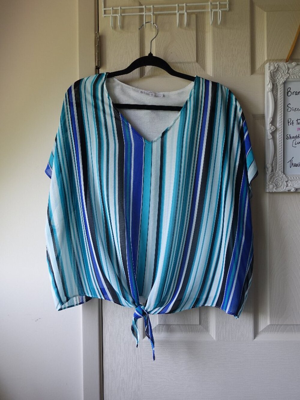 cleo Multi-Blue Striped Tie-Front V-Neck Top
